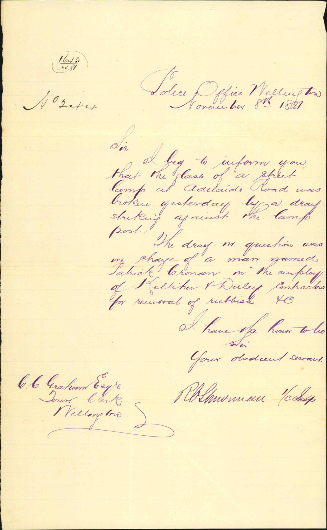 Police Department, regarding lamp broken by draftsman