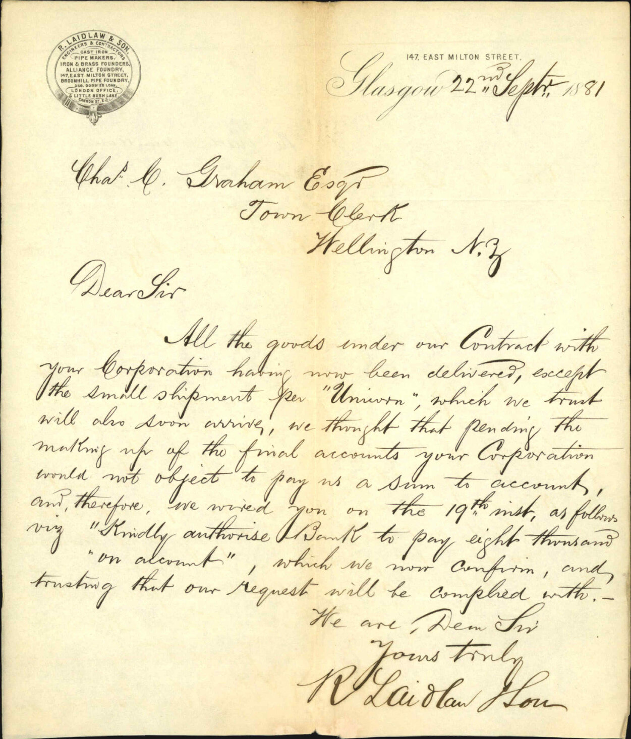 R Laidlaw and Son, regarding further remittances on account of shipment of pipes