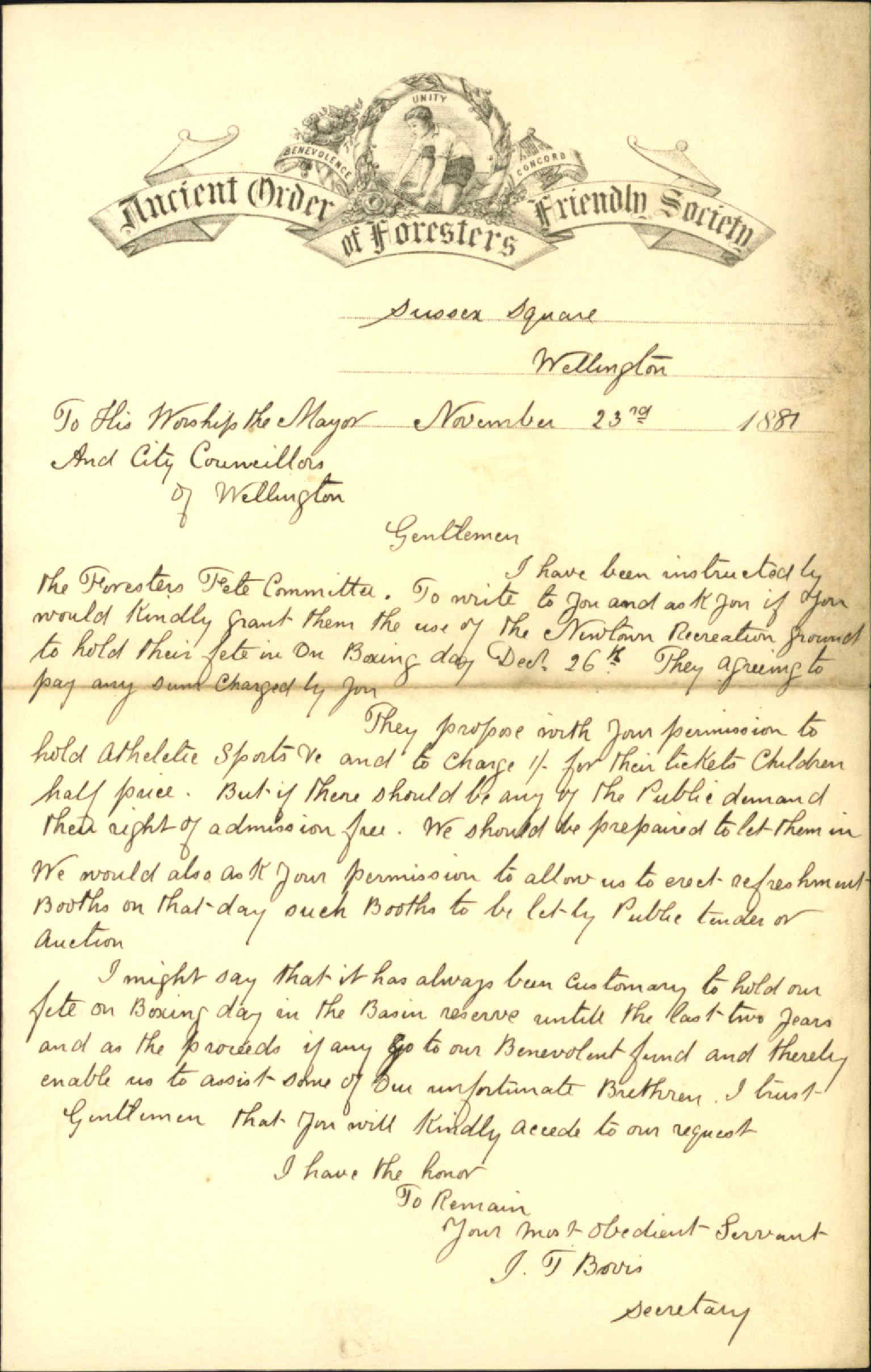 Ancient Order of Foresters, application for use of Newtown Park, Boxing Day