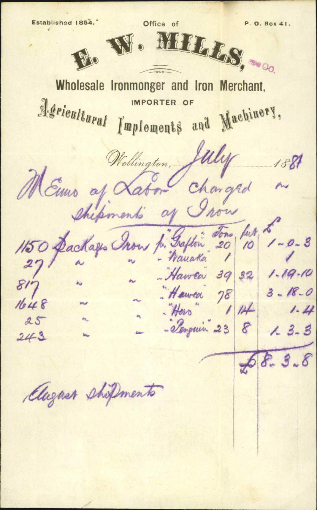 E W Mills, claim for allowance on labour charged on iron