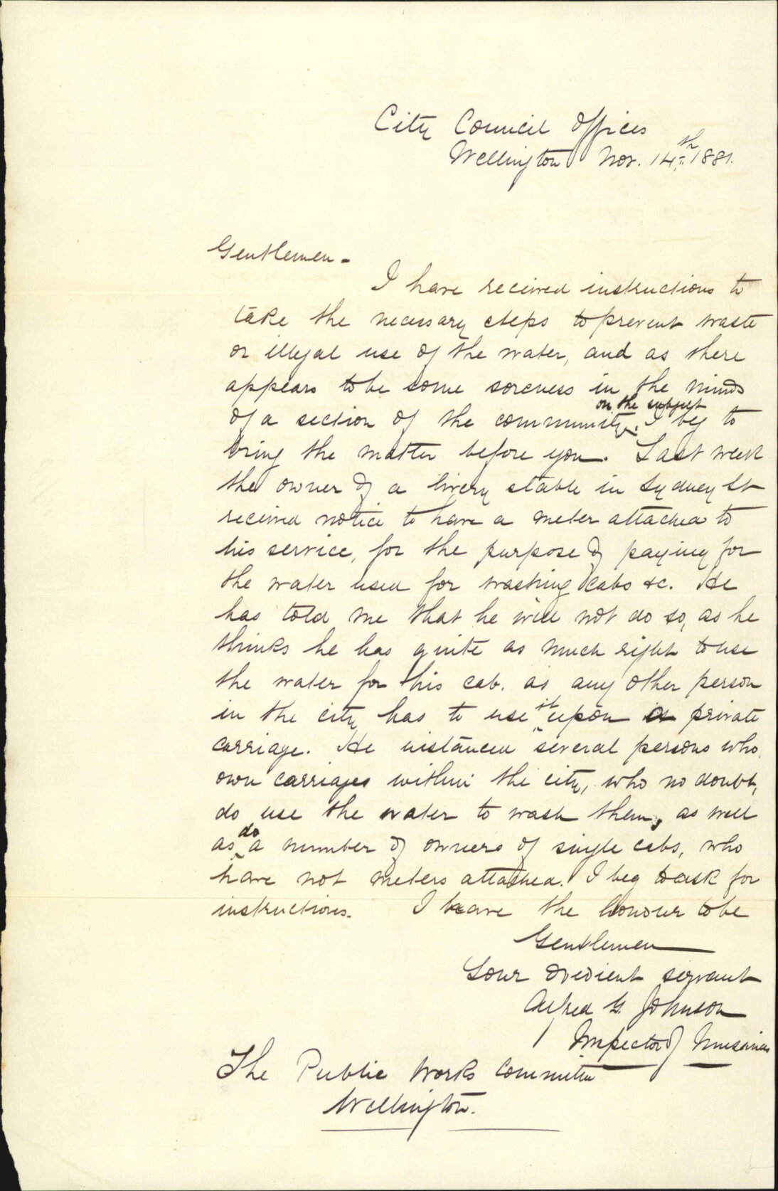 Inspector of Nuisances, regarding water for washing carriages