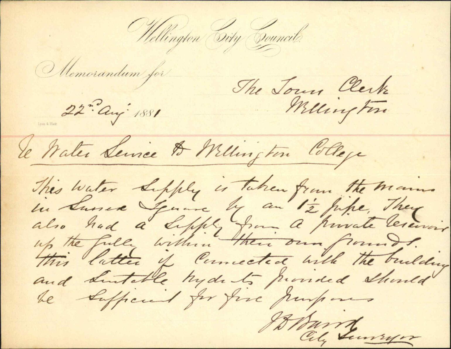 City Surveyor, regarding water supply in Wellington College