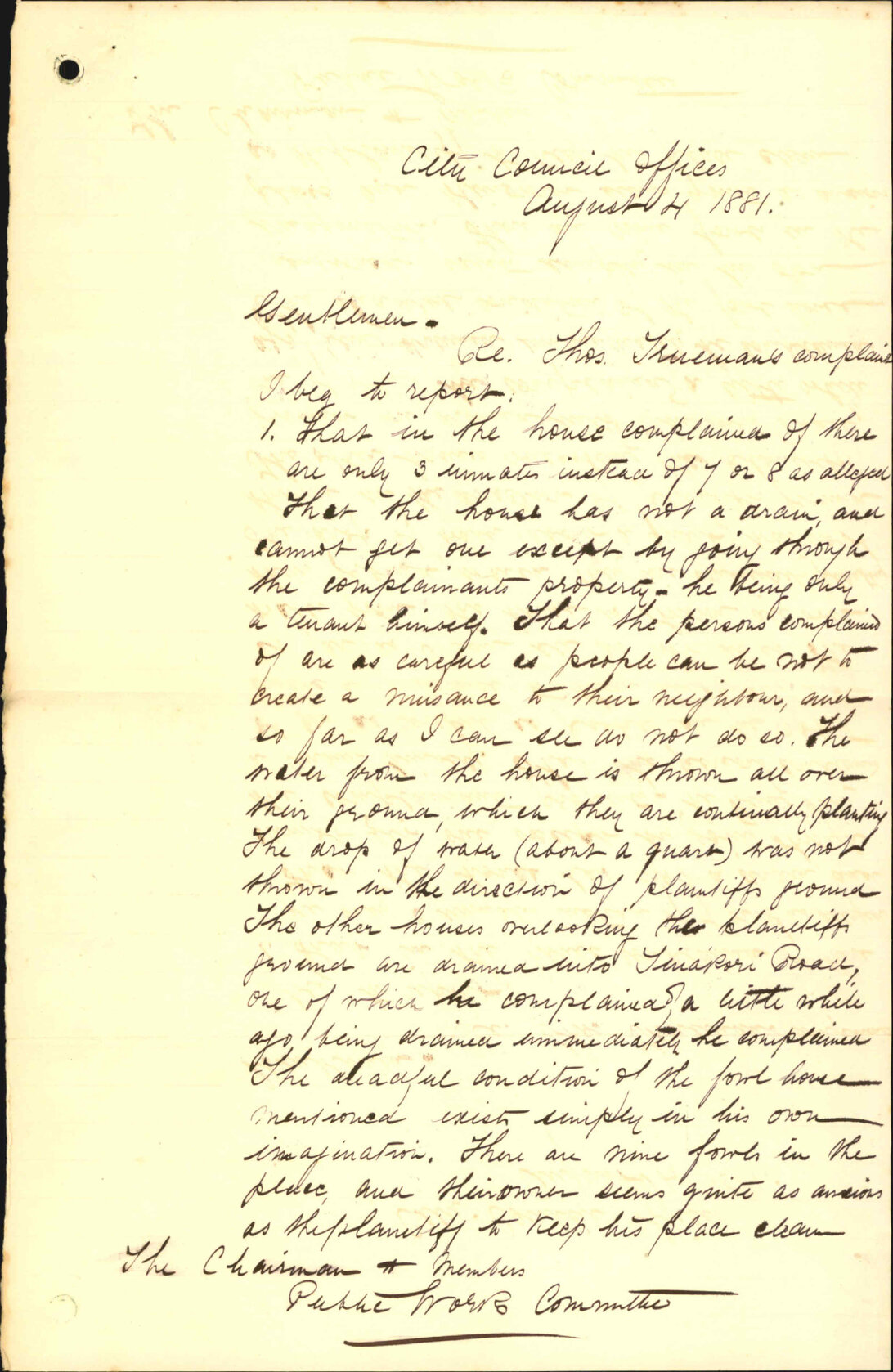 Thomas Truman, complaint as to nuisance in Sydney Street