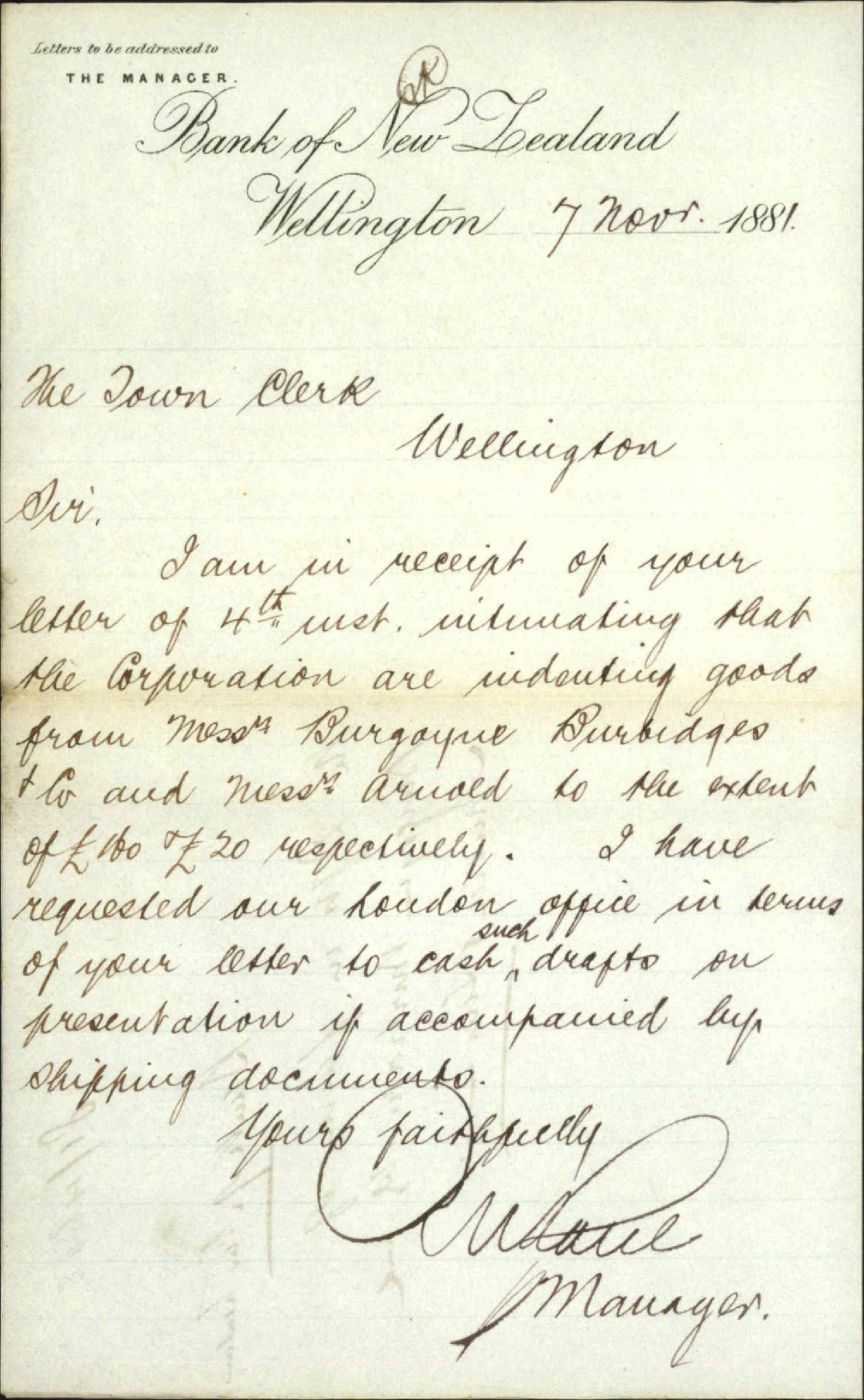 Bank of New Zealand, regarding drafts in favour of Burgoyne Burbidges &amp; Co and Arnold &amp; Son