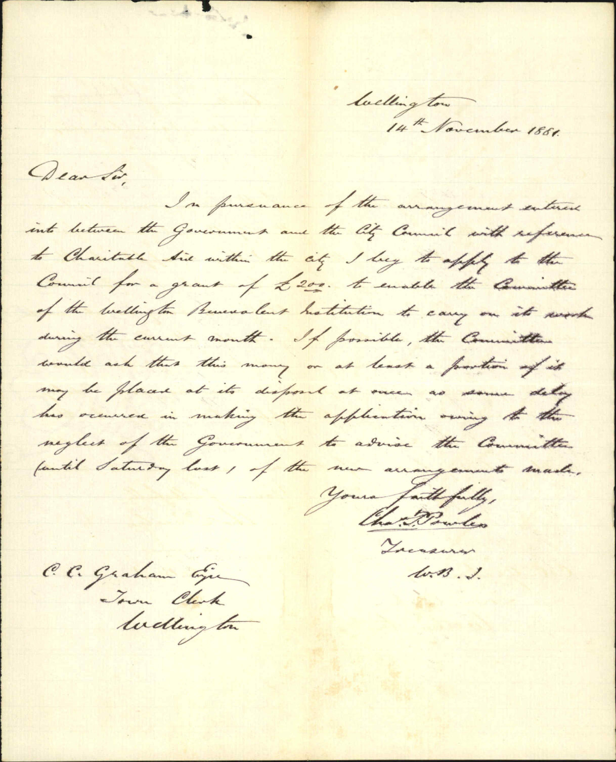 Benevolent Institution, application for grant in aid &pound;200