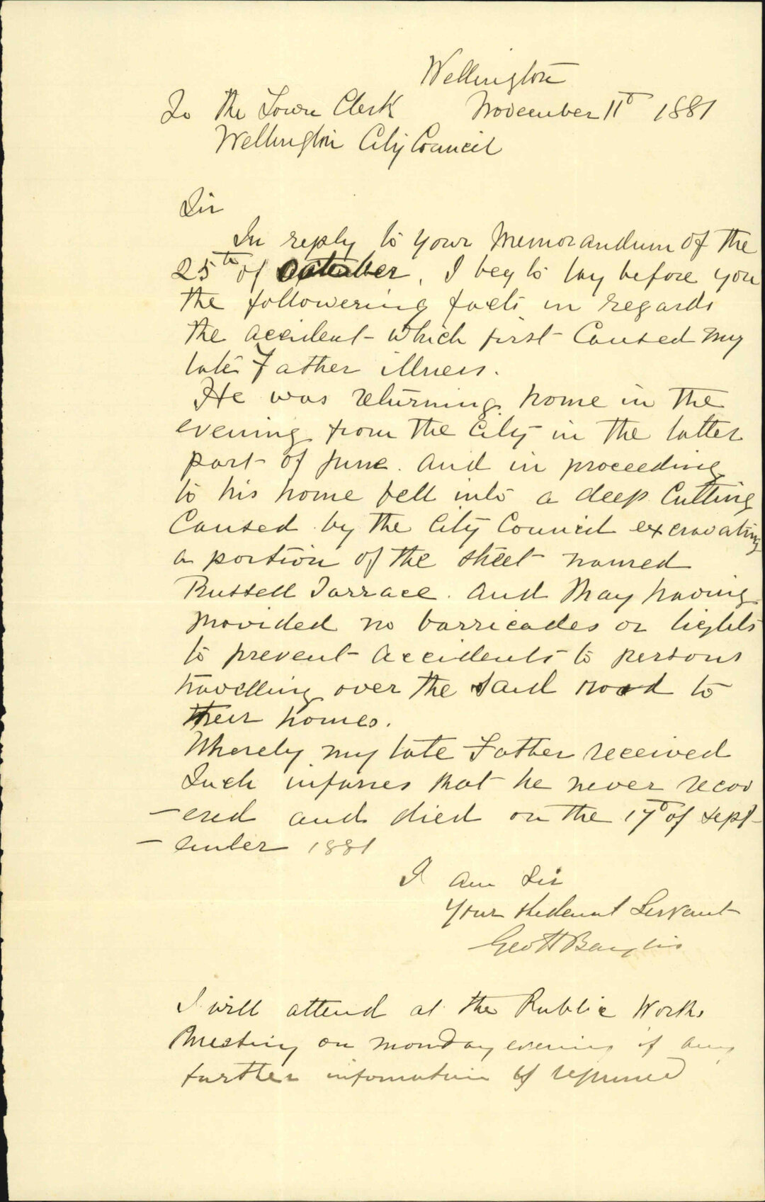 G H Baylis, regarding accident to his late father in Russell Terrace