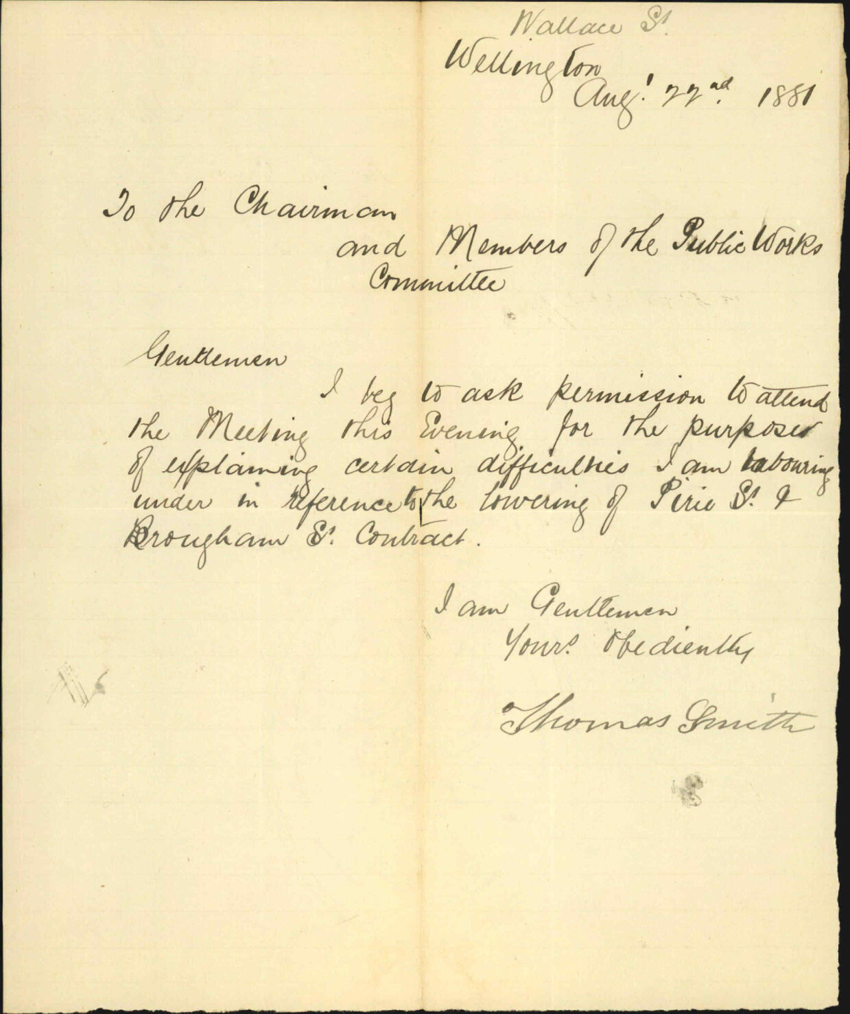 Thomas Smith, regarding contract for formation of Pirie and Brougham Streets