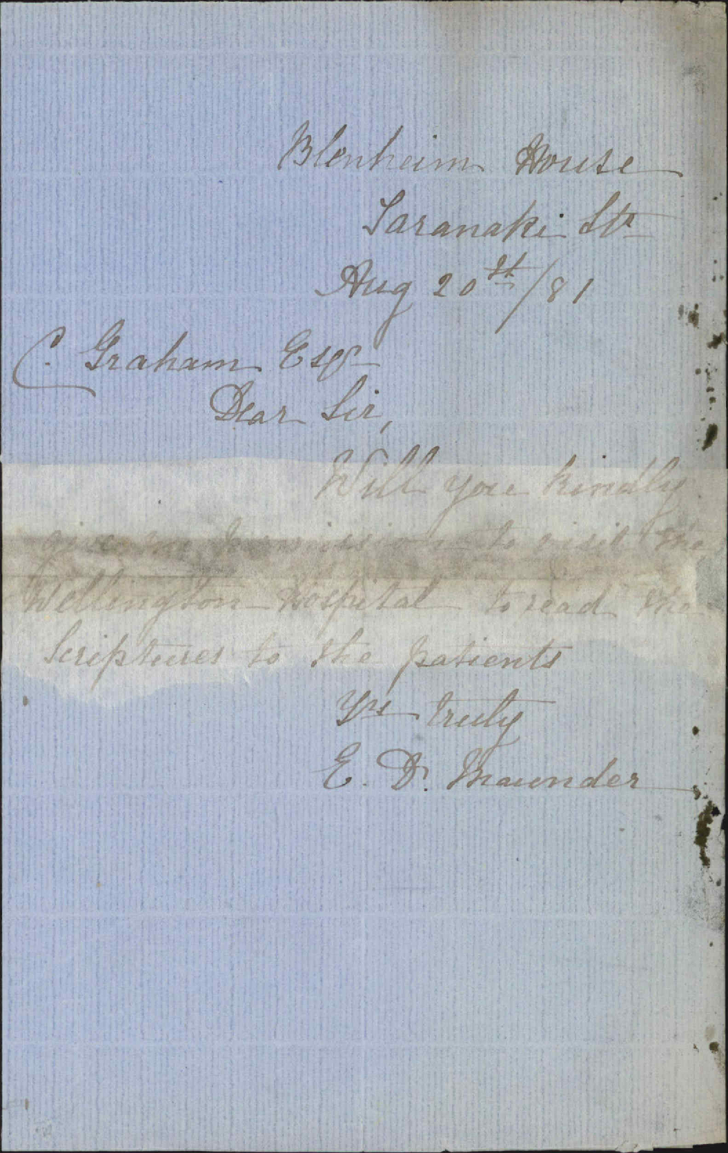 E D Maunder, application for recognition as religious instructor at Hospital