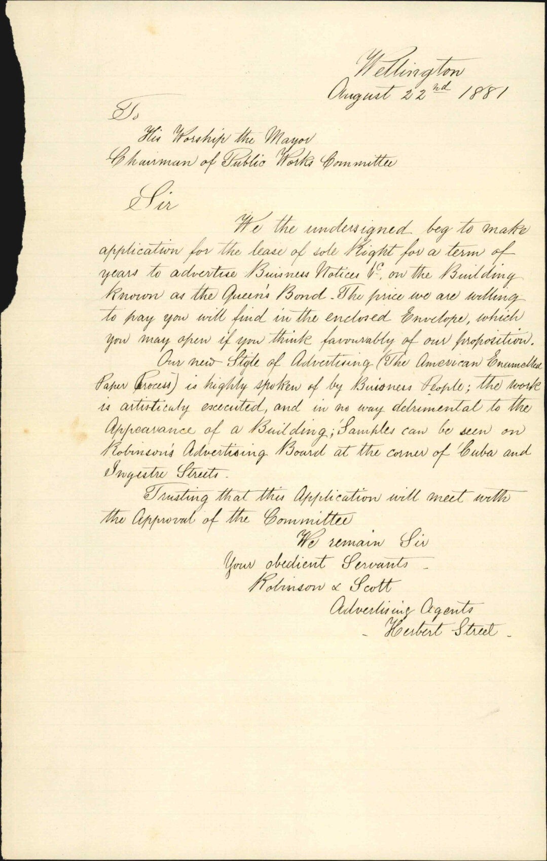 Robinson and Scott, application for leave to advertise on Queens Bond