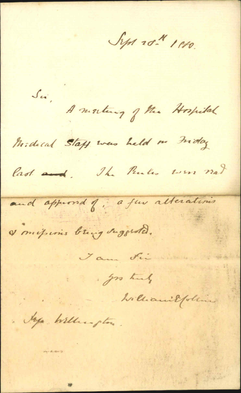 Dr Collins, forwarding hospital rules regarding approved by the medical staff