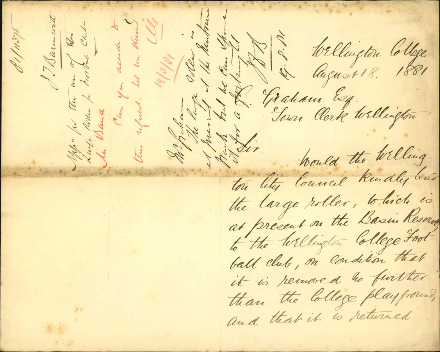 James T Barnicoat, application for the use of the large roller for Football club