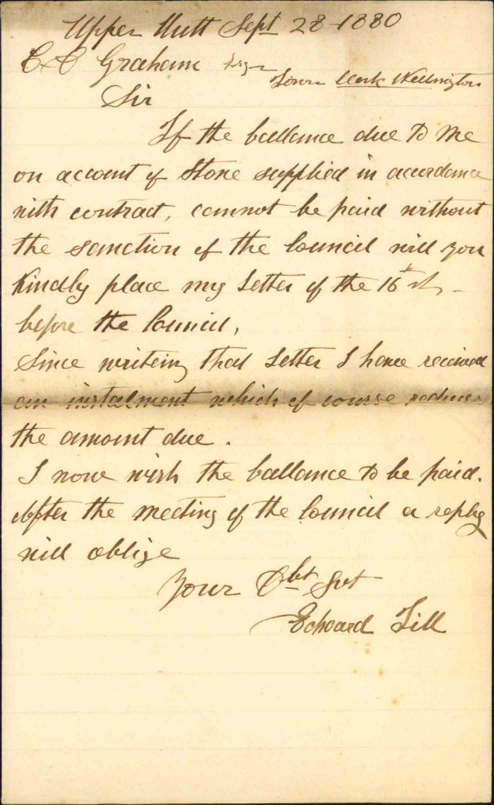 Edward Till, regarding payment of balance of account for Hutt Boulders