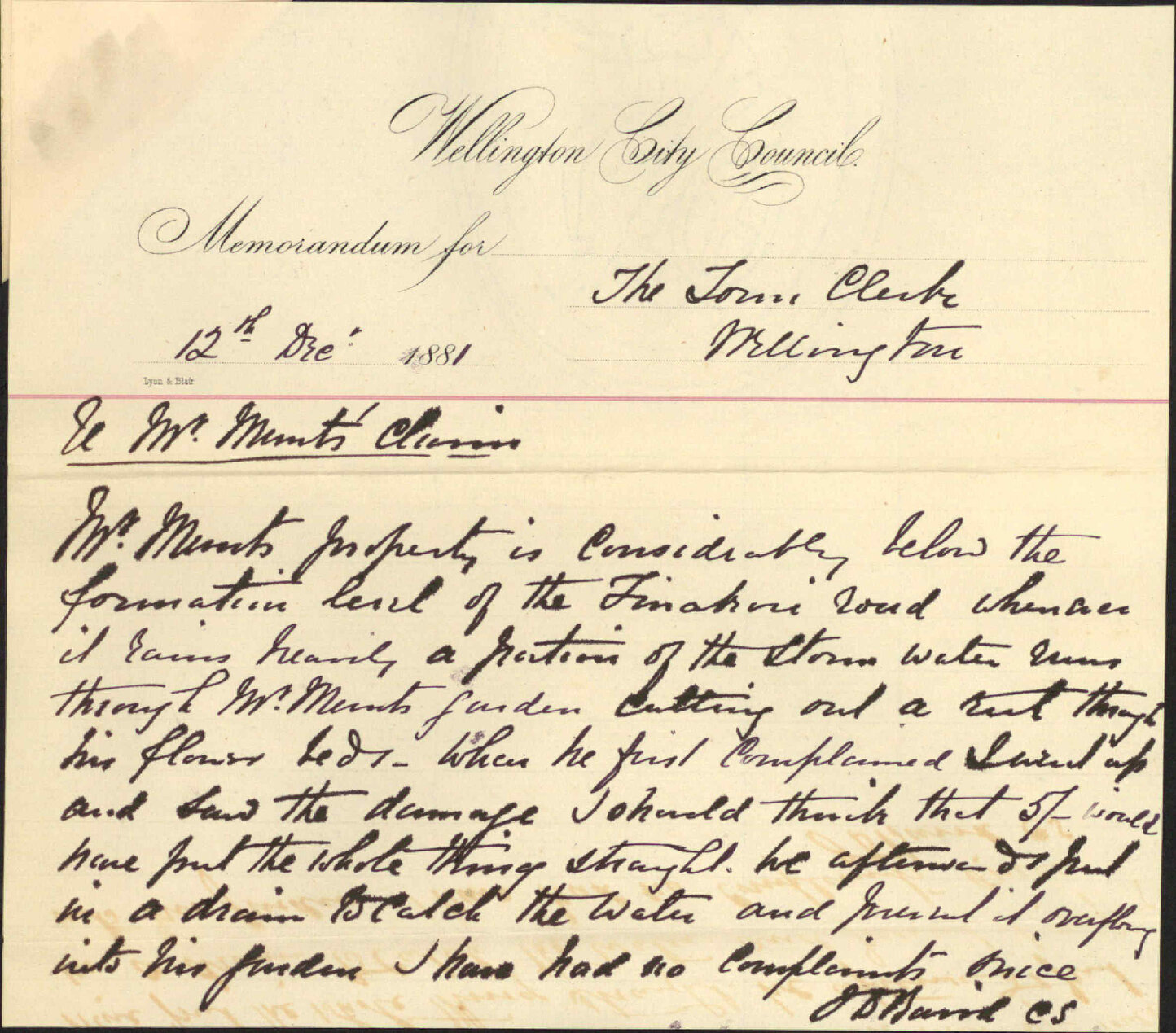 T Munt, claim in account of drain in Tinakori Road