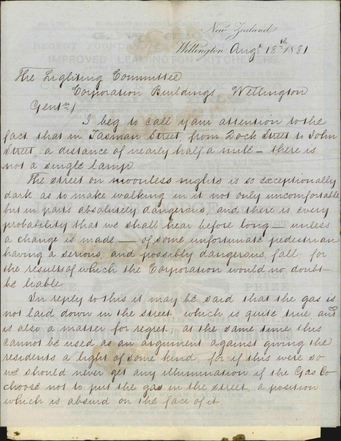 Charles Benbow, application for street lamps in Tasman Street