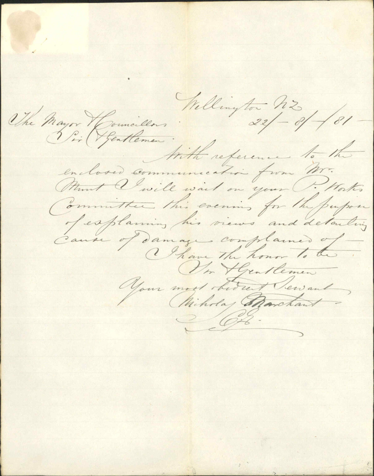 Thomas Munt, complaint regarding damage to his premises in George Street
