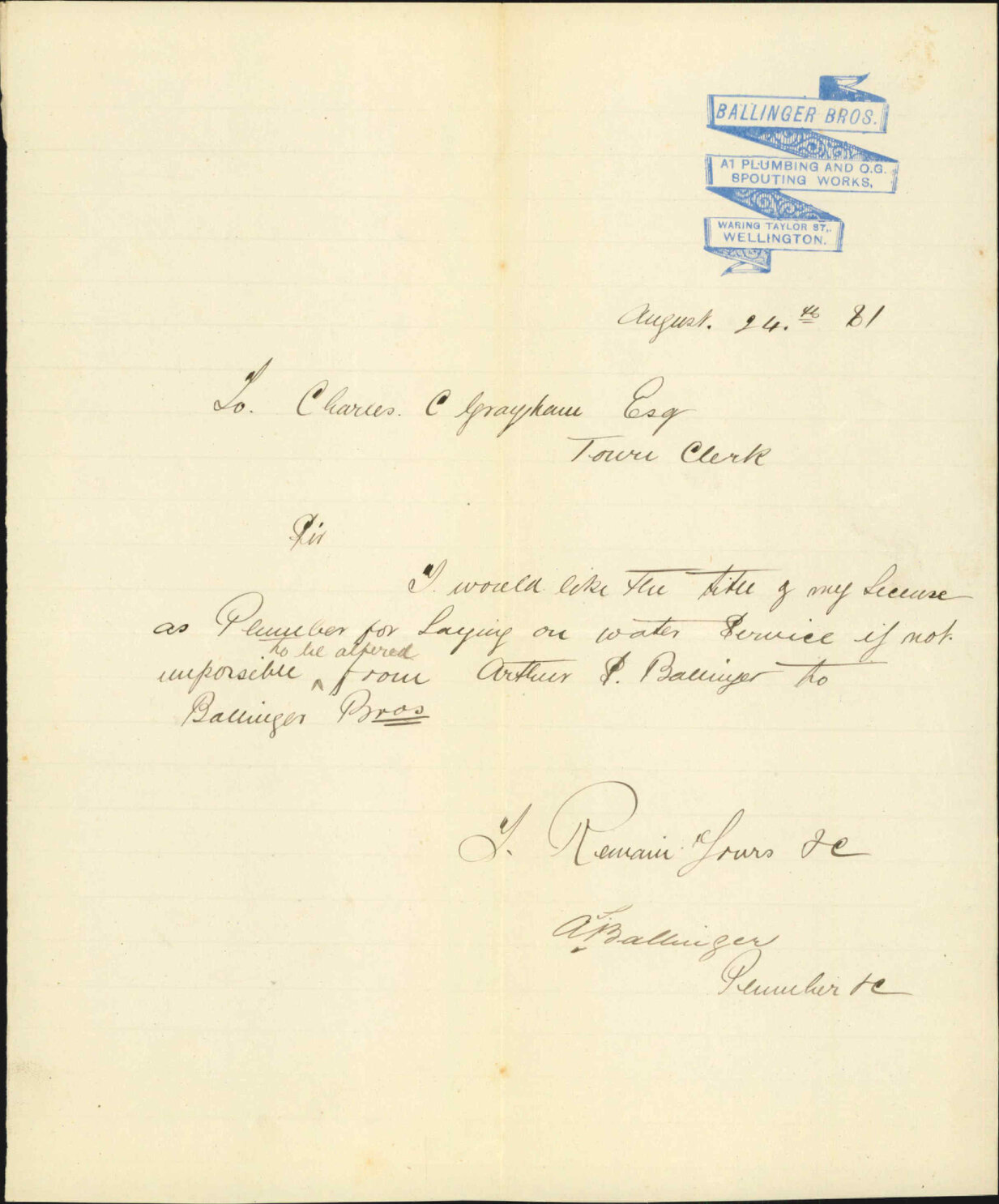 Ballinger Brothers, application for transfer of plumbers license
