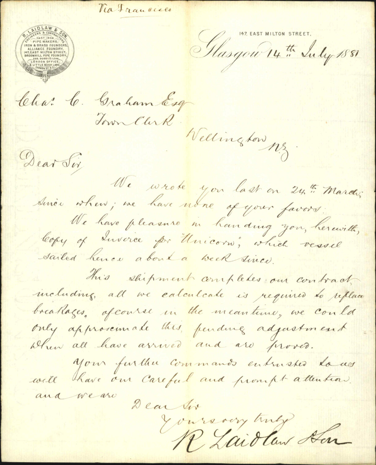 R Laidlaw and Son, advising final shipment per "Unicorn"