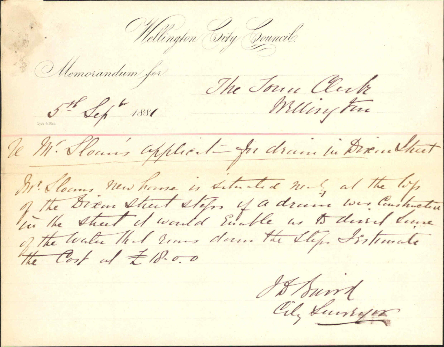 R Sloan, application for drain in Dixon Street