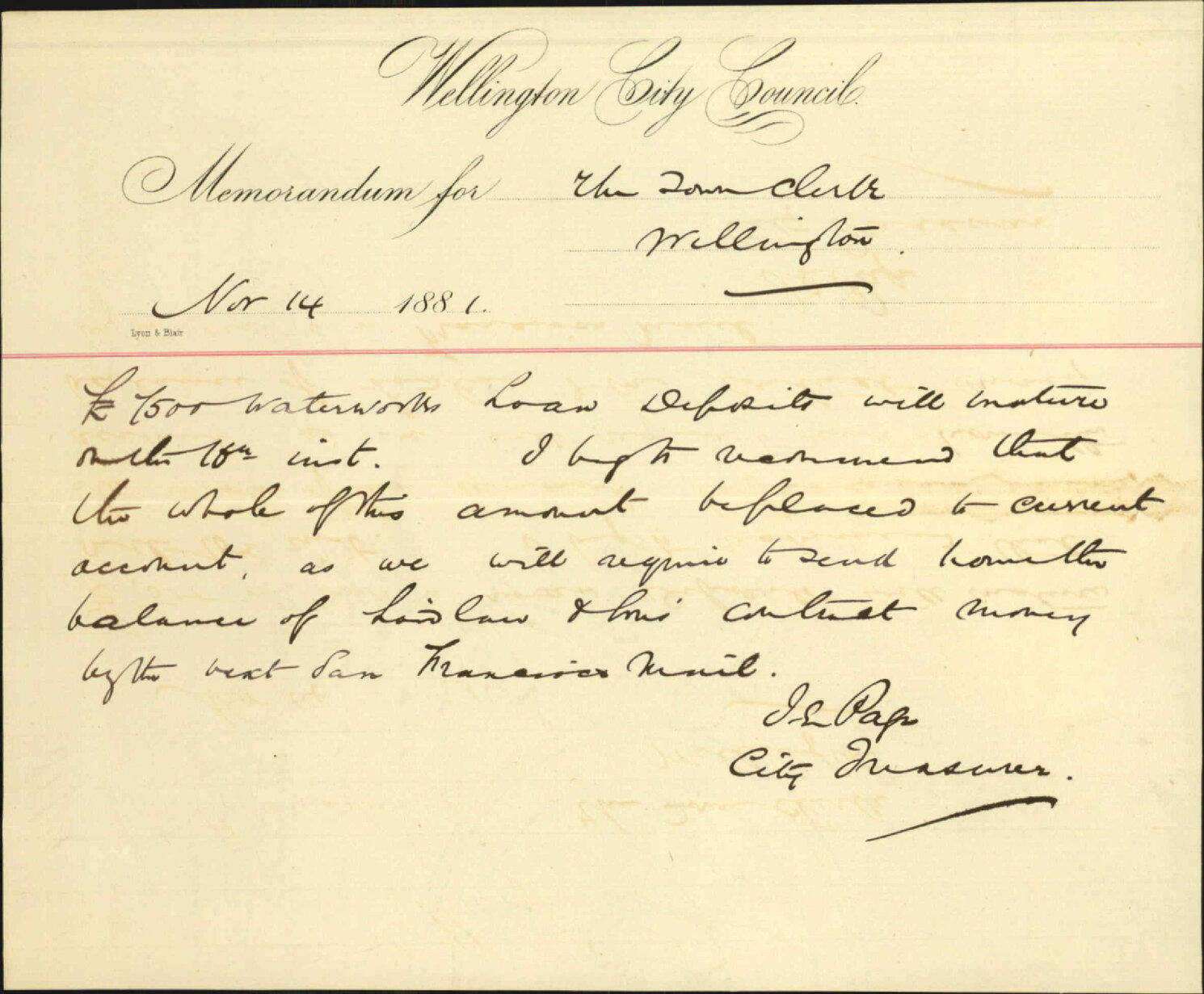 City Treasurer, &pound;7,500 of water works loan on deposit maturing on 16th November 1881