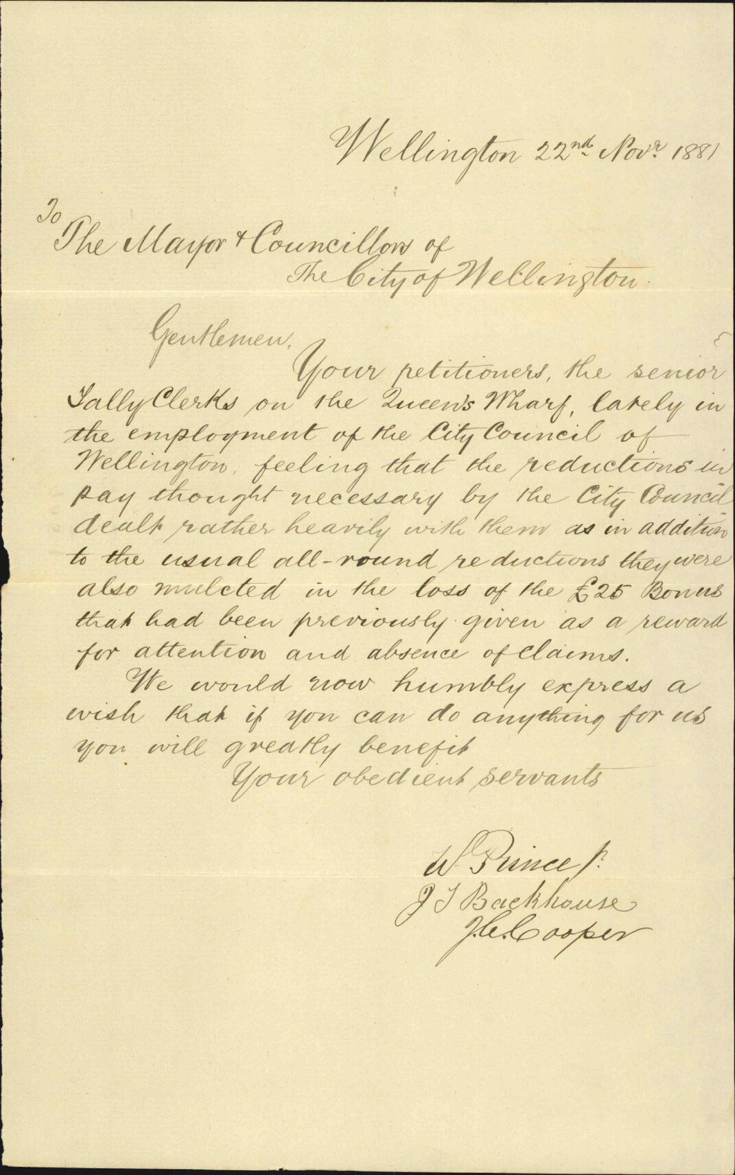 Petition, from tally clerks at wharf regarding deduction of bonus