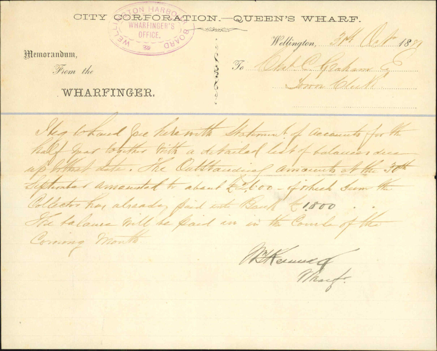 Wharfinger, with statement of account to 30 September