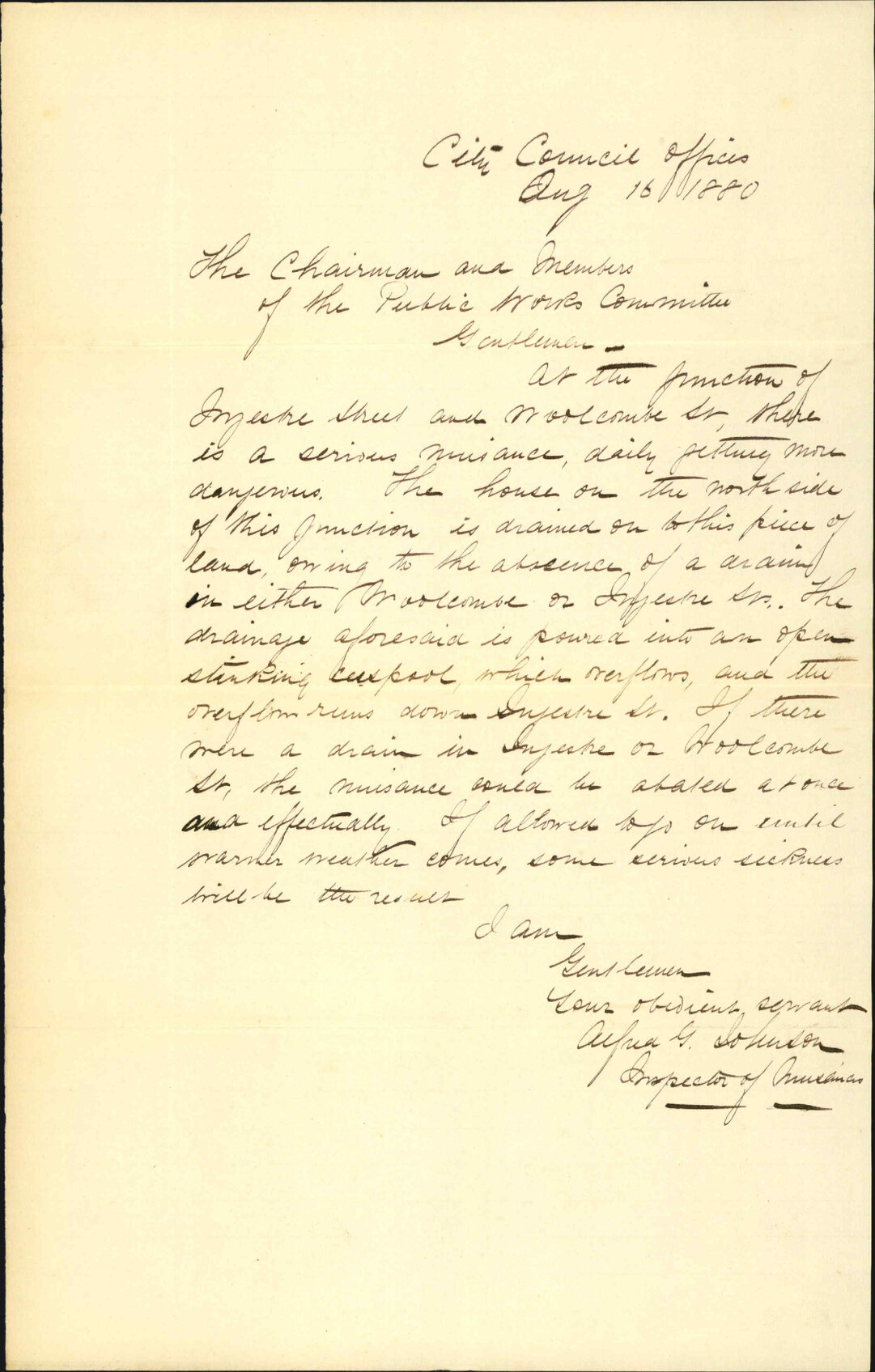 Inspector of Nuisances, report as to nuisances in Ingestre Street