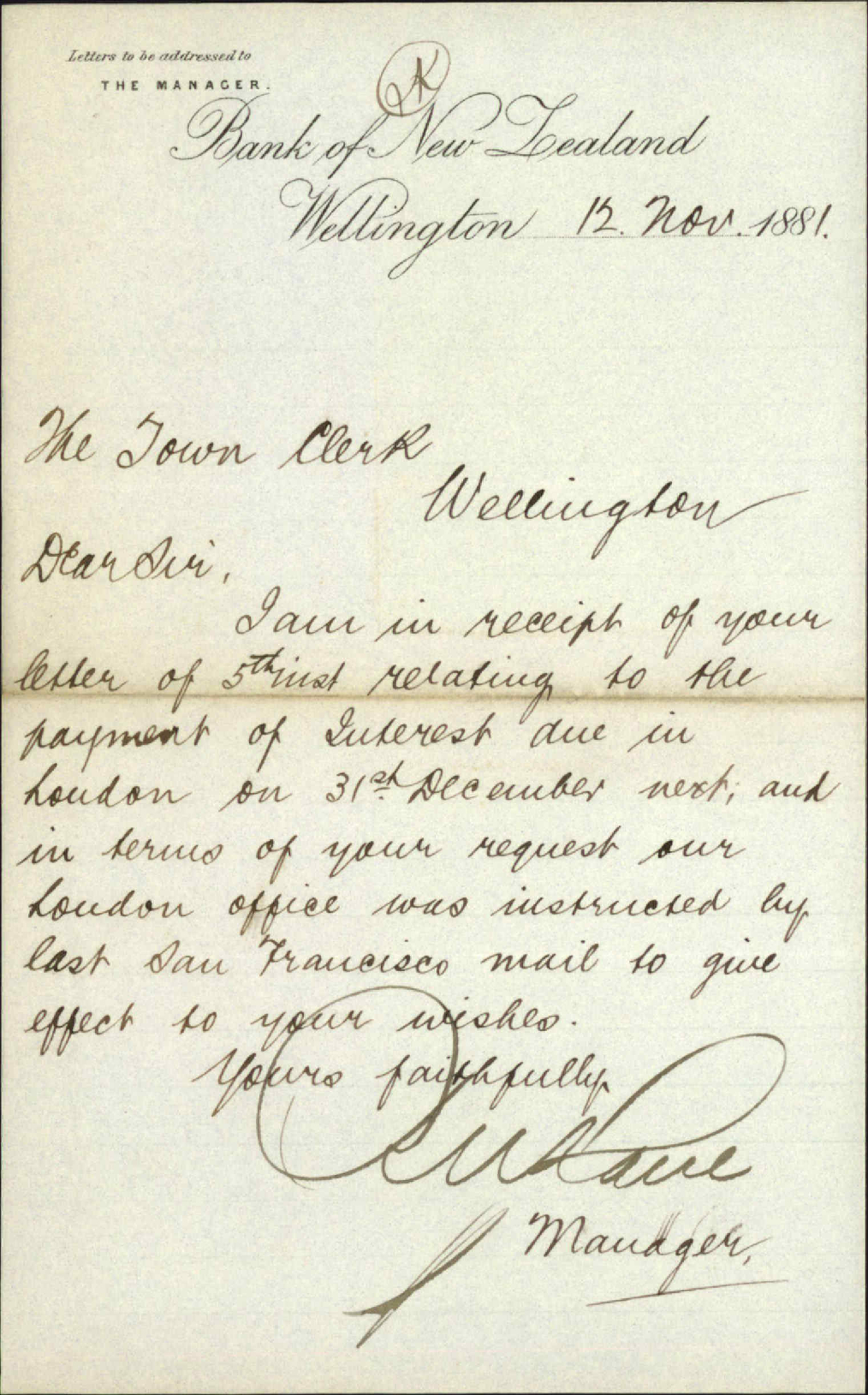 Bank of New Zealand, regarding remittance to England for payment of interest
