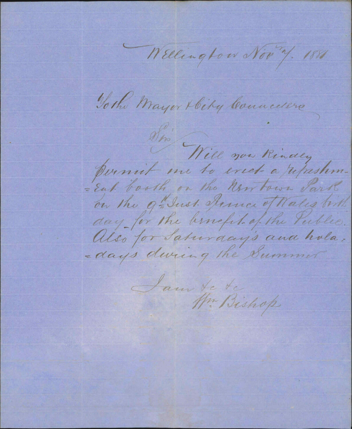 William Bishop, asking permission to erect refreshment booth in Newtown Park