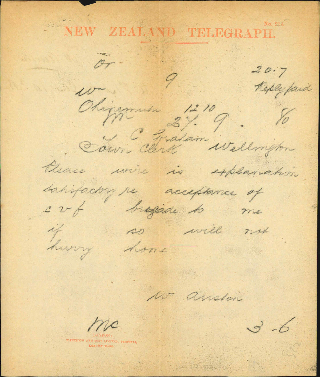 W Austen, regarding pay due account Central Volunteer Fire Brigade