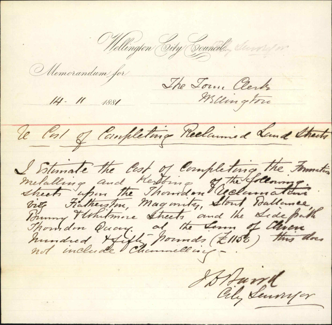 City Surveyor, regarding cost of formation etc, streets, Thorndon Reclamation