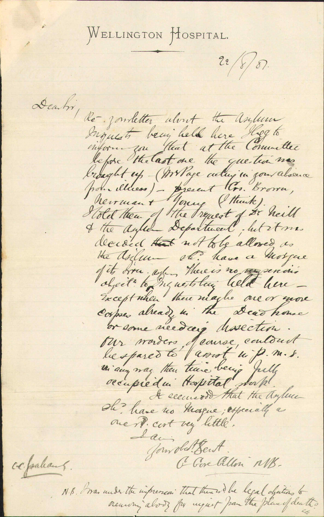 Colonial Secretary's Office, regarding holding Asylum inquests at hospital morgue