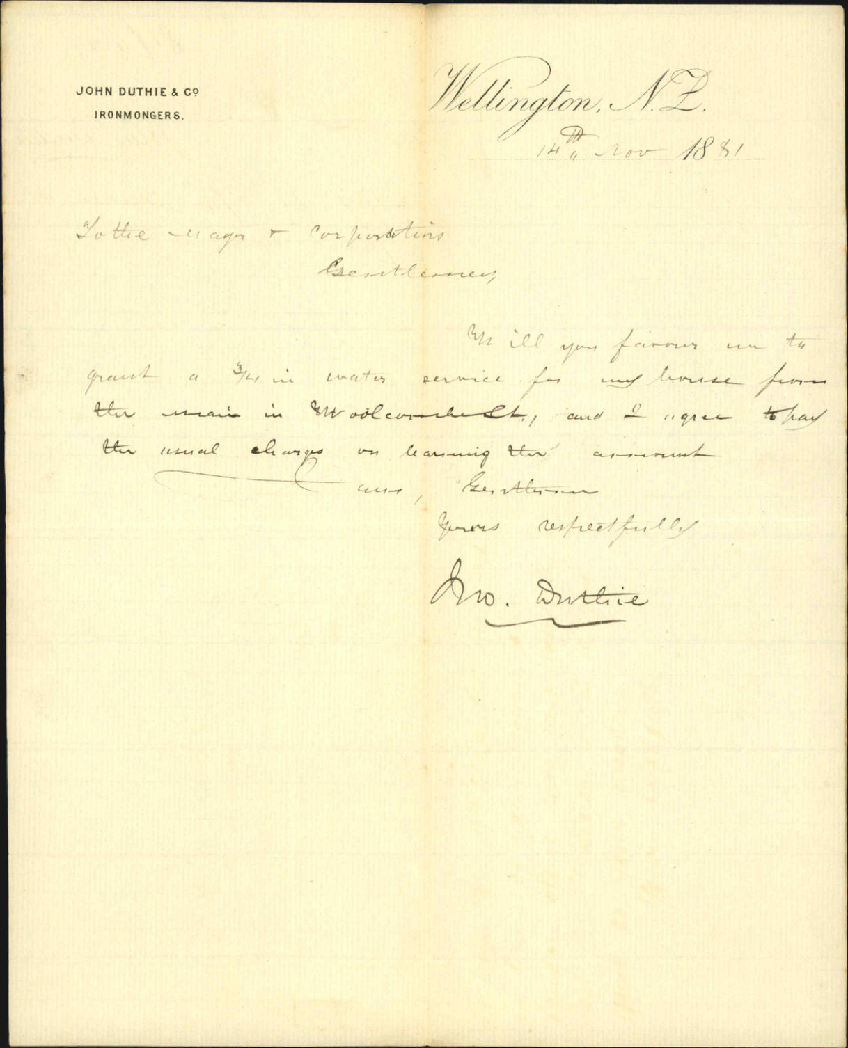 John Duthie, application for 3/4" service to private home