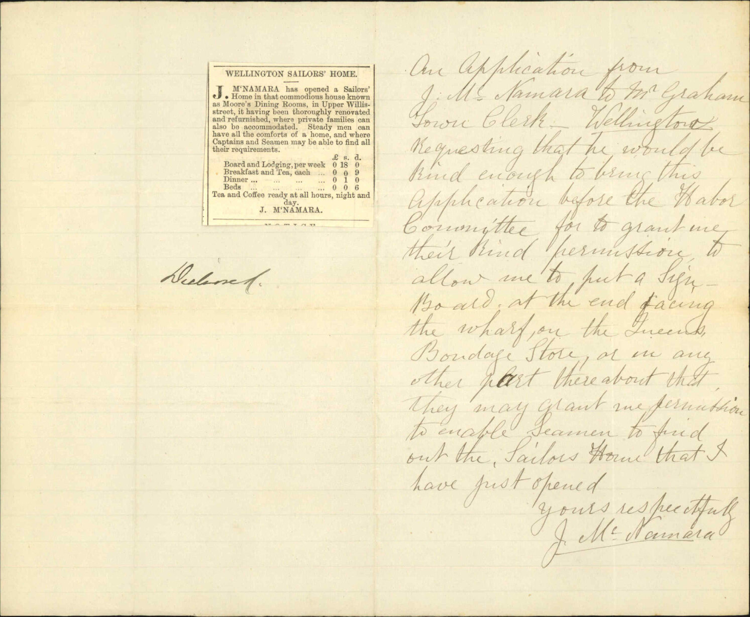 J MacNamara, application to put up notice board on corner of bonded store