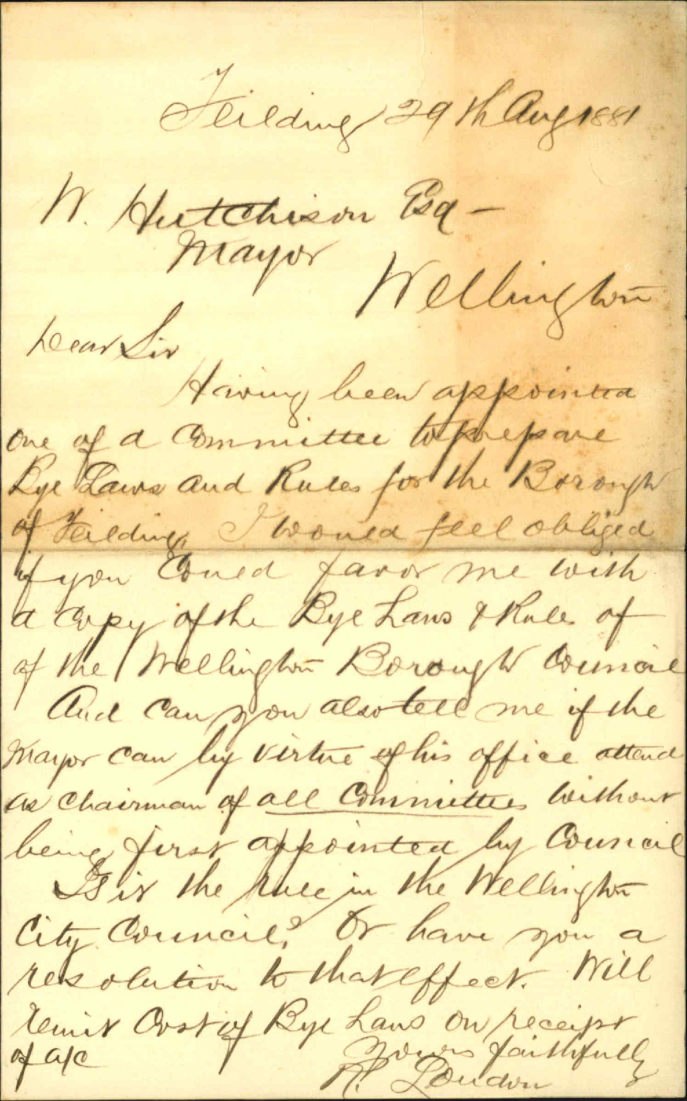 R London, asking for copies of the Corporation bylaws etc