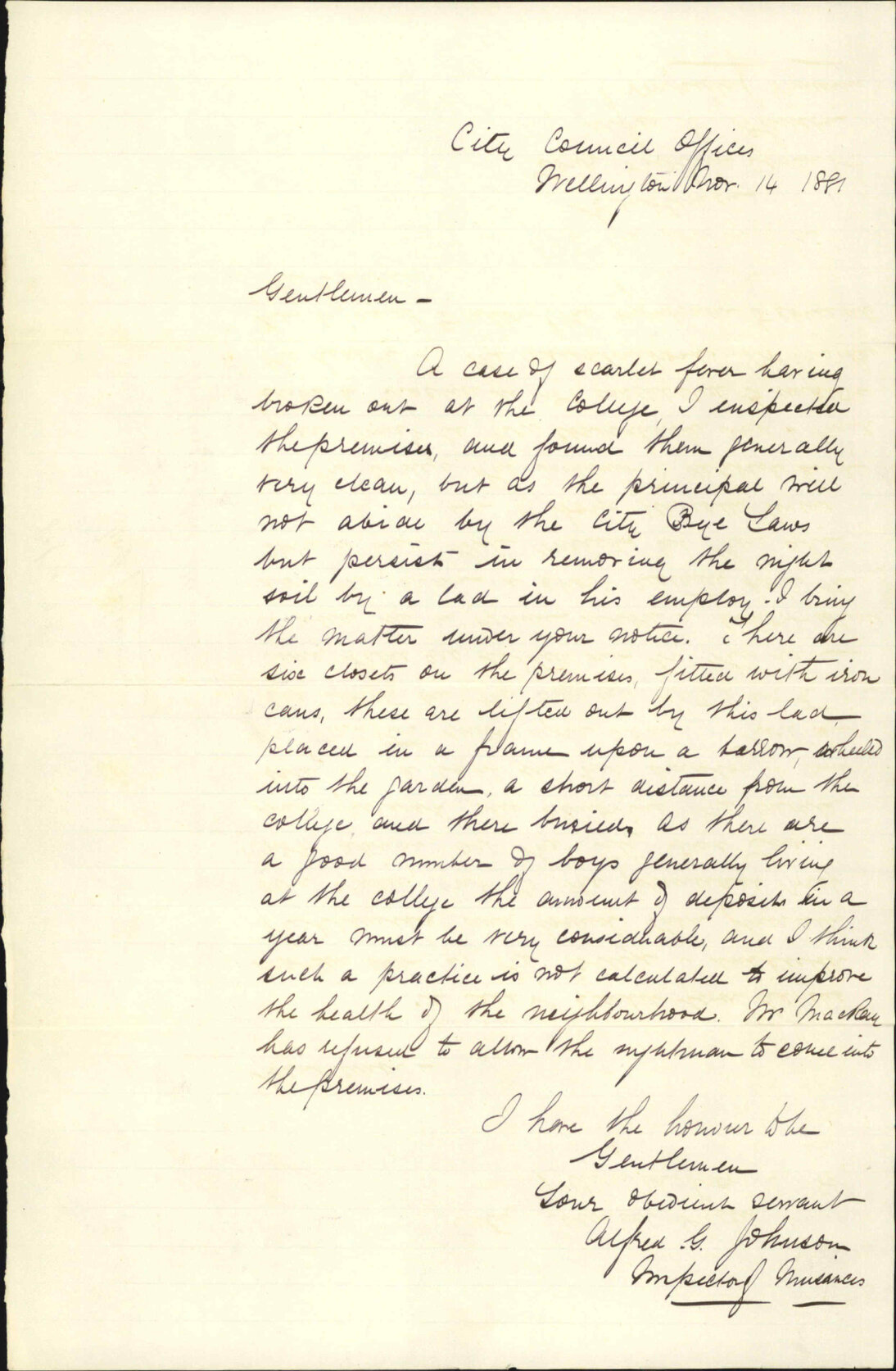 Inspector of Nuisances, regarding night soil removal at Wellington College