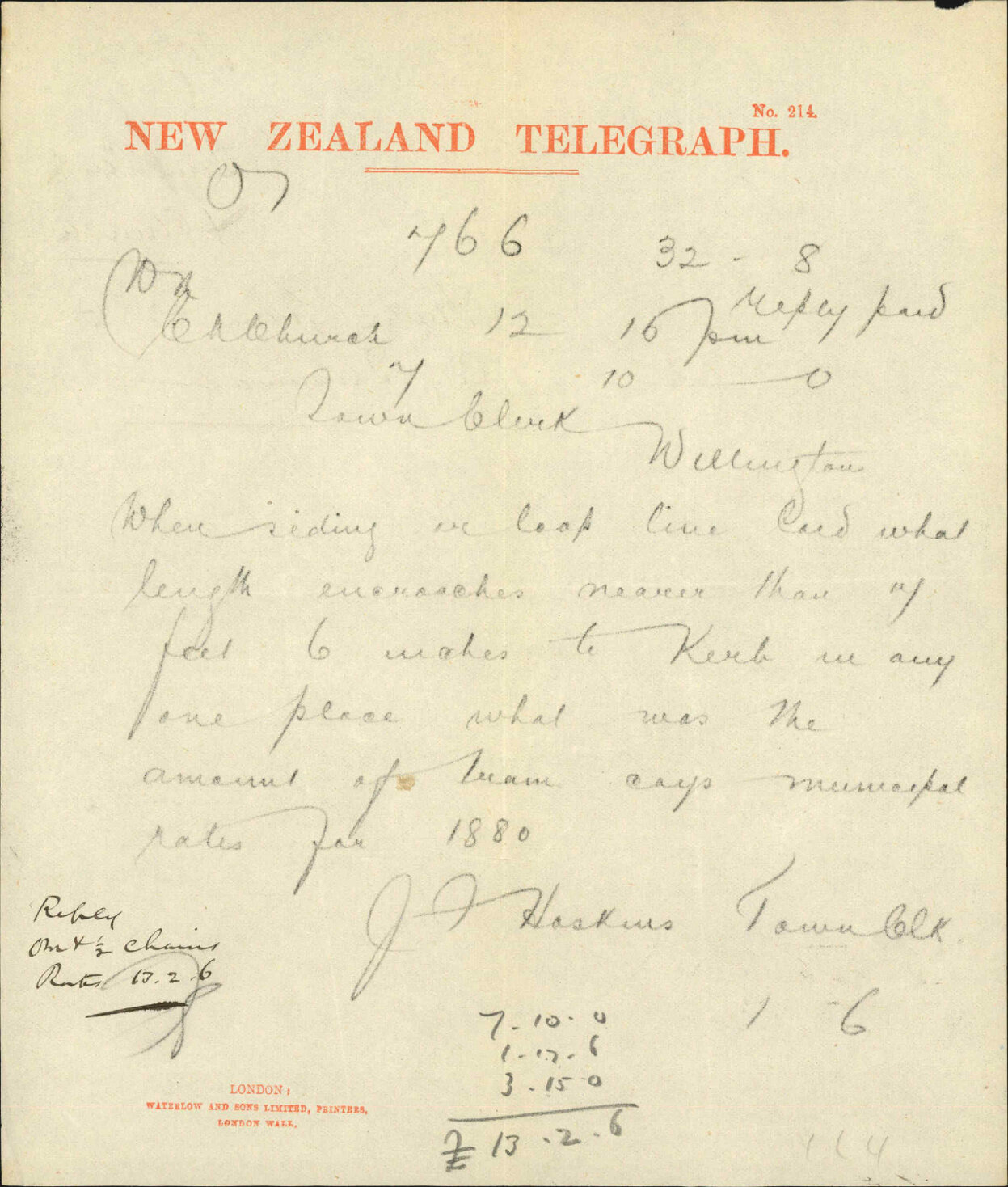 Town Clerk, Christchurch, further queries as to City Tramway