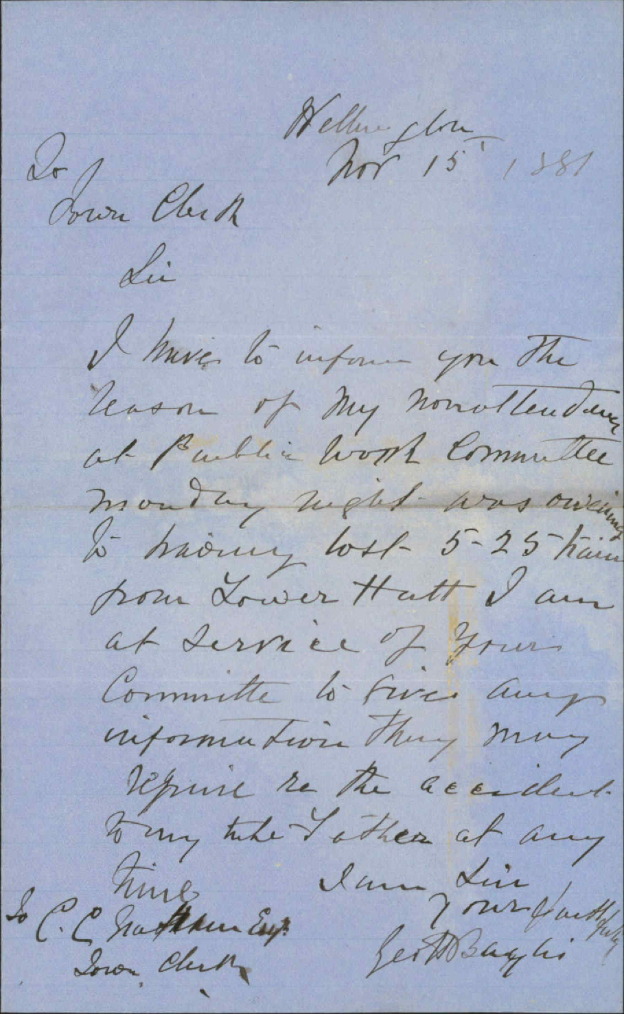 G H Baylis, regarding attending P W Committee regarding accident to his father