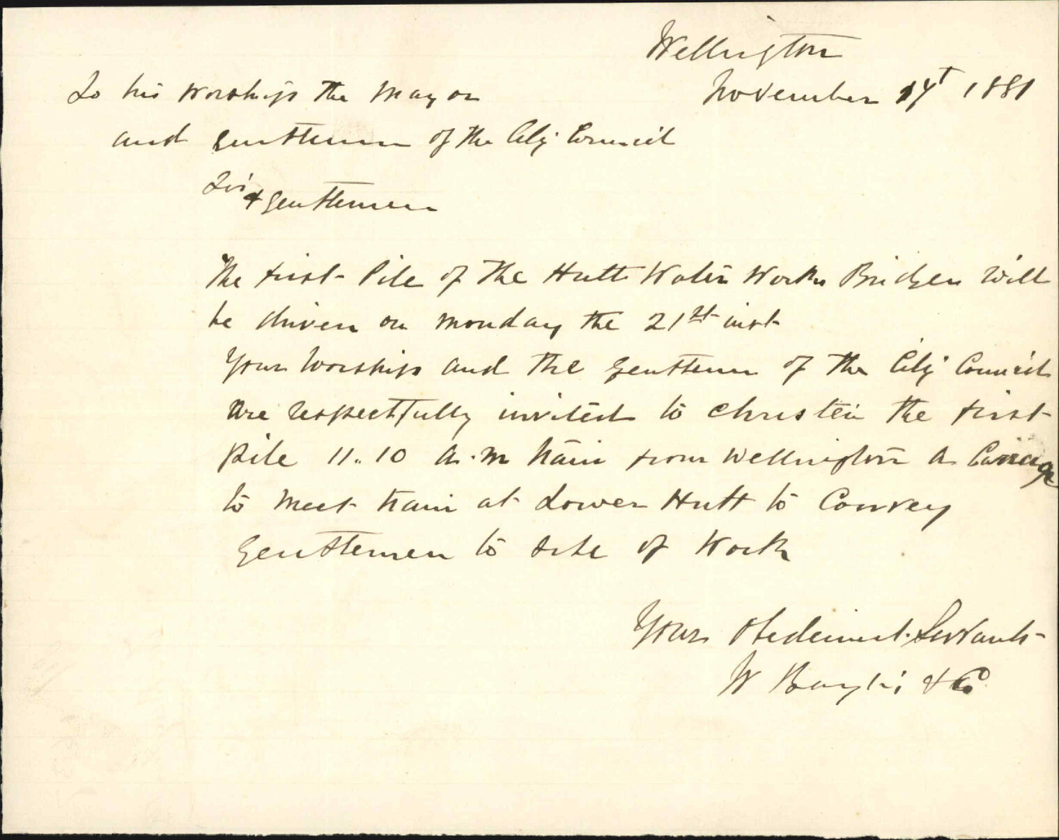 W Baylis and Co, invitation to driving first pile Hutt Bridge water works