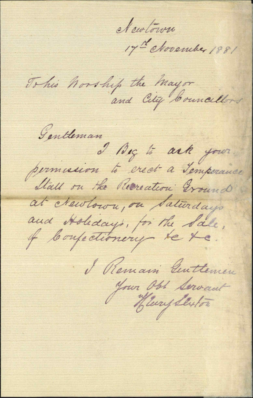 Henry Sexton, application for temperance booth Newtown Park