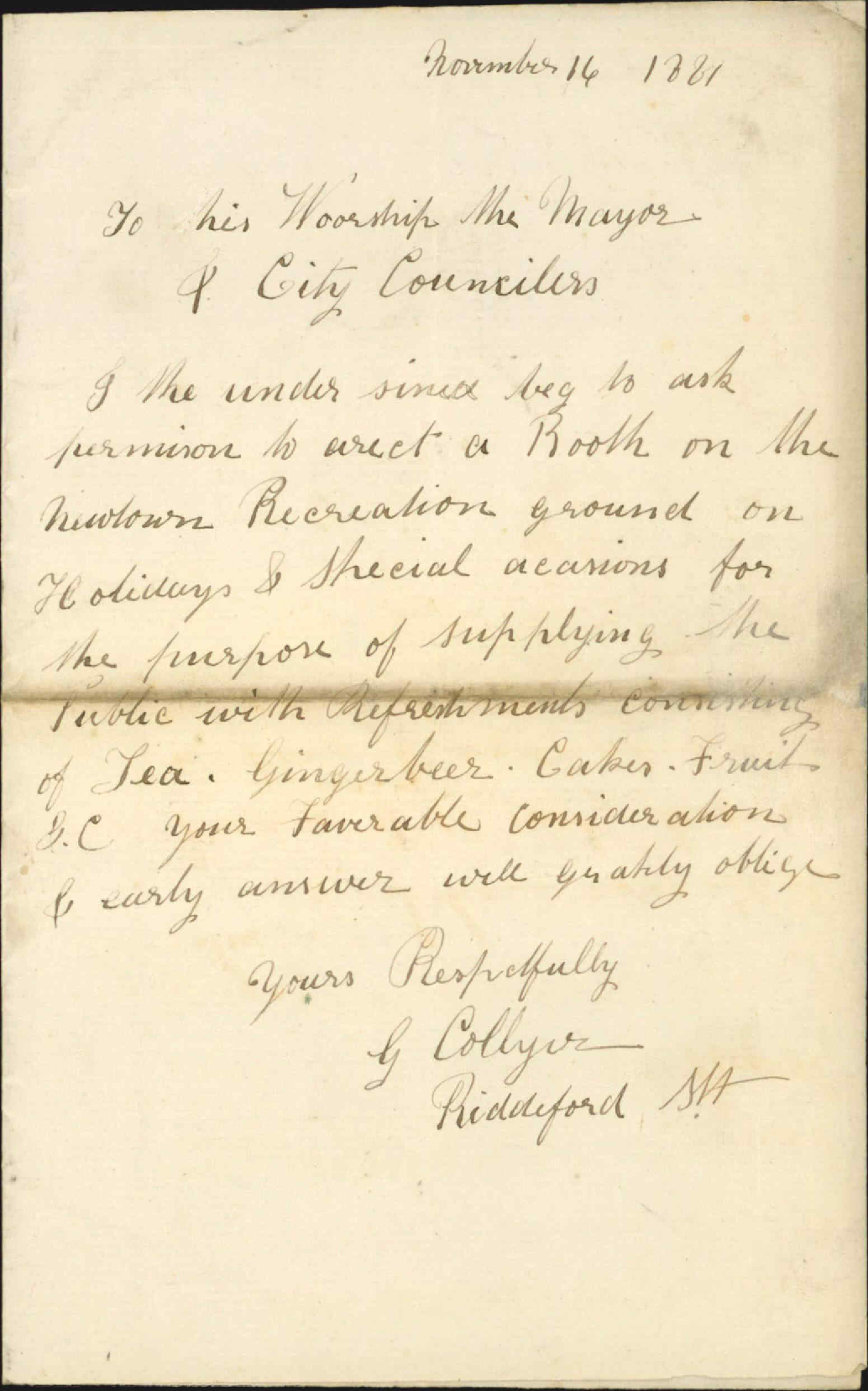 G Collyer, application to erect booth for temperance refreshments