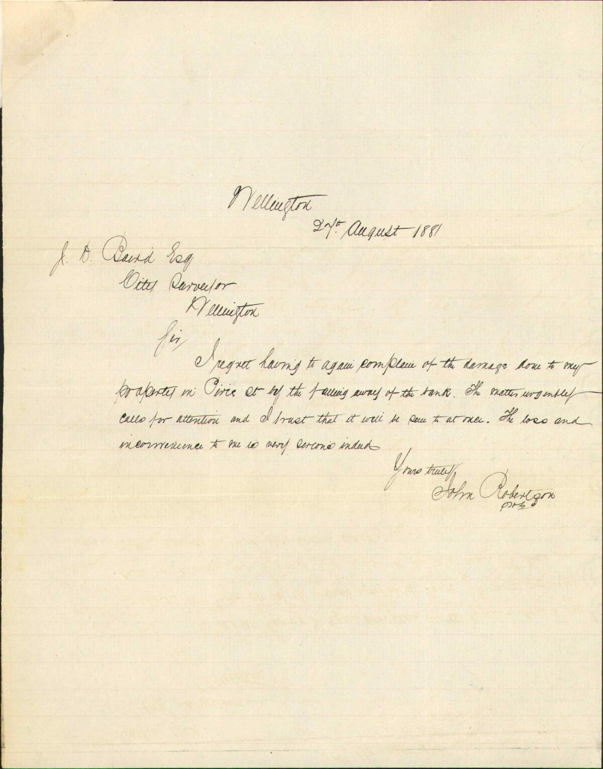 City Surveyor, regarding damage to John Robertson's premises Pirie Street