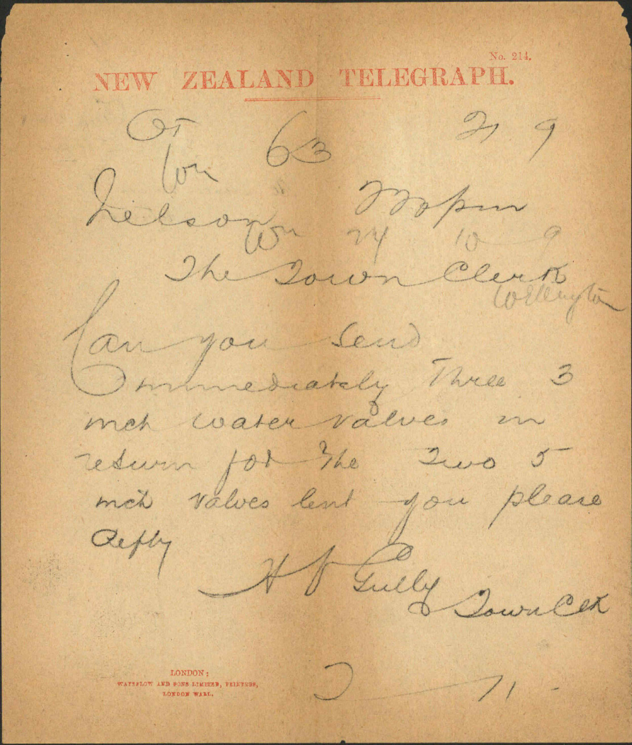 Re request for water valves - Gully, Town Clerk, Nelson