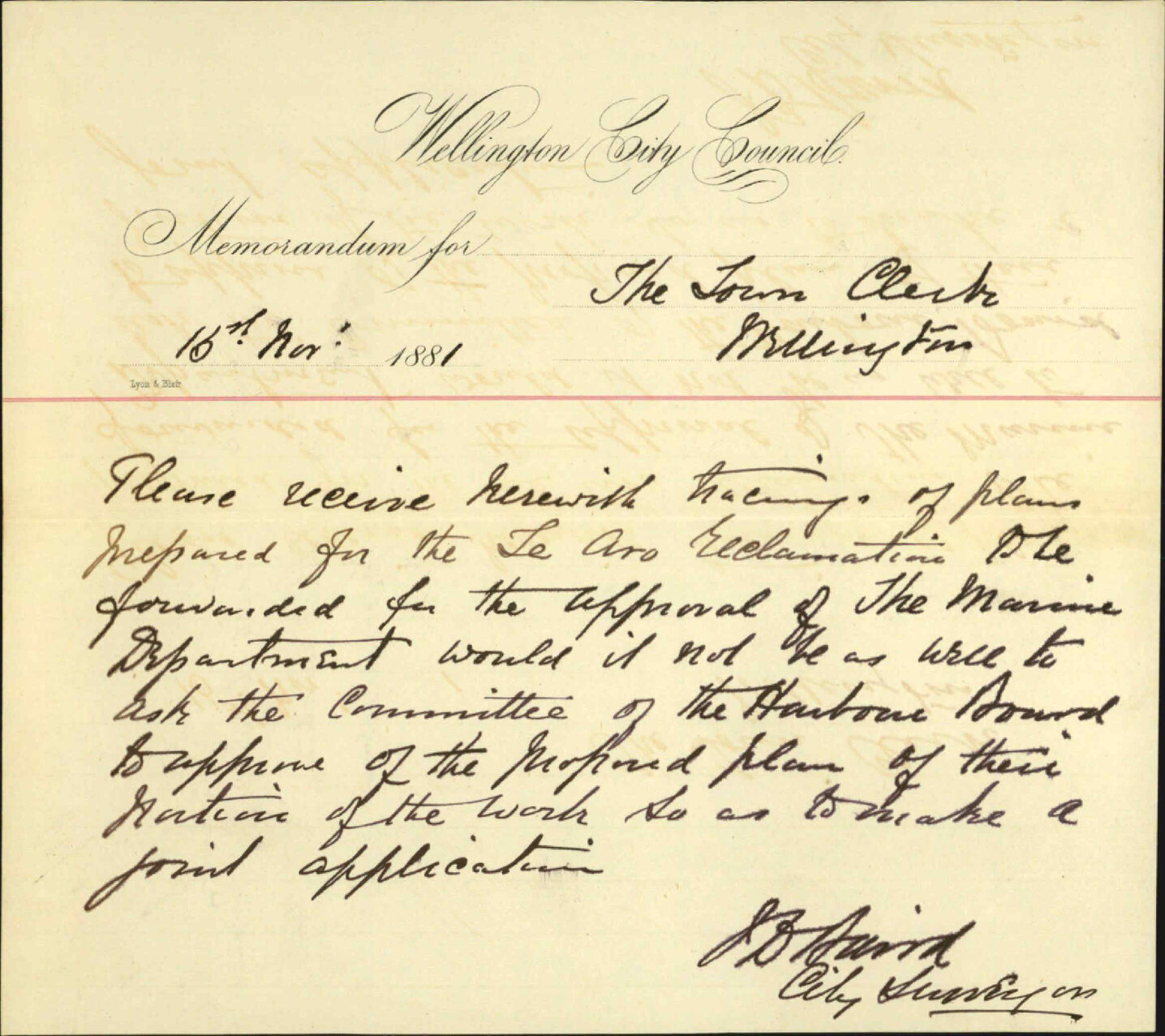 City Surveyor, with tracings of Te Aro reclamation for the Government