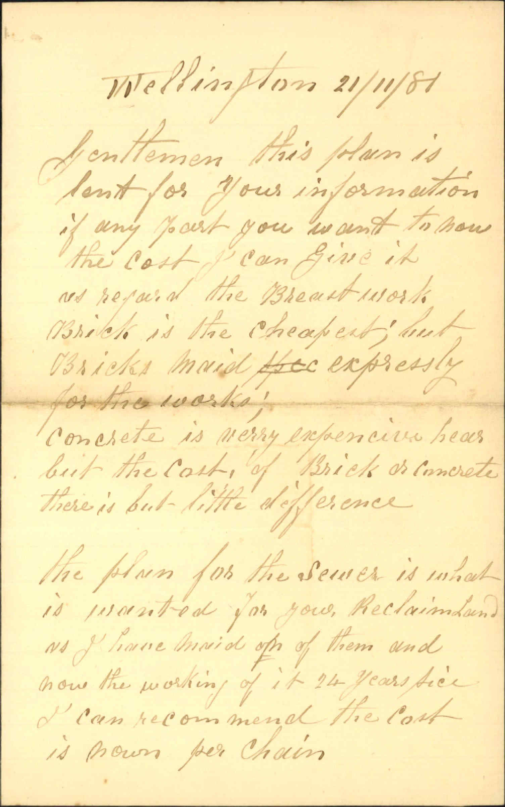 H P Keals, forwarding plan of proposed Te Aro reclamation