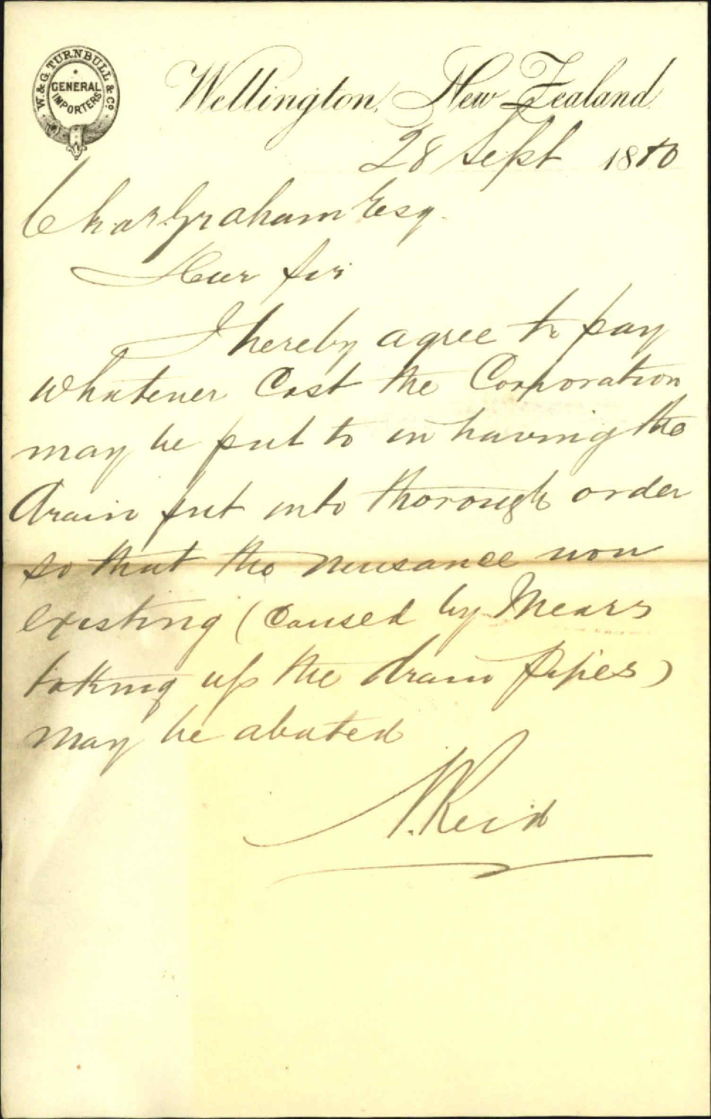 N Reid, application for drain from his premises through Mear's property