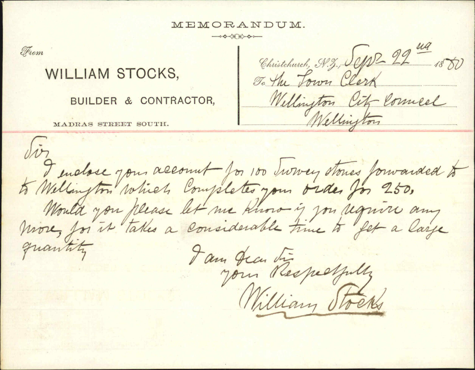 William Stocks, regarding further supply of Survey blocks, Christchurch