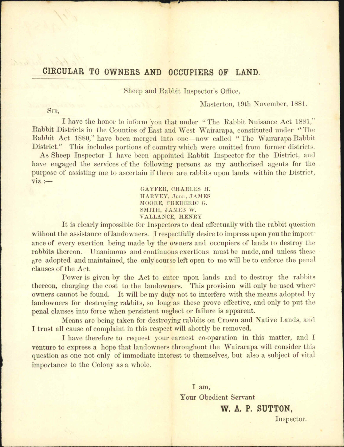 Rabbit Inspector, circular regarding rabbit destruction, "The Rabbit Nuisance Act 1881"