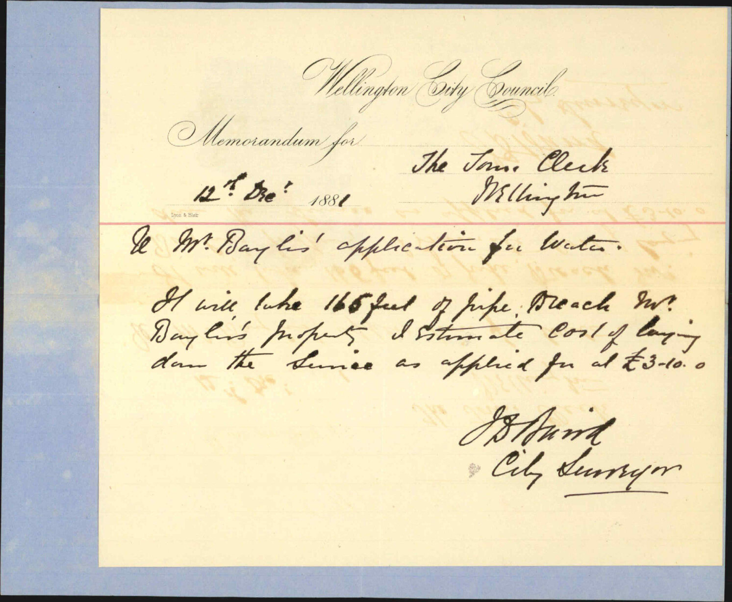 G H Baylis, application for water mains in Hanson Street, also as to gorse - Town Belt