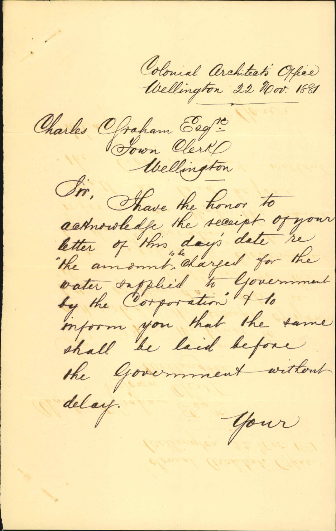 Colonial Secretary's Office, regarding charge to Government for water supply