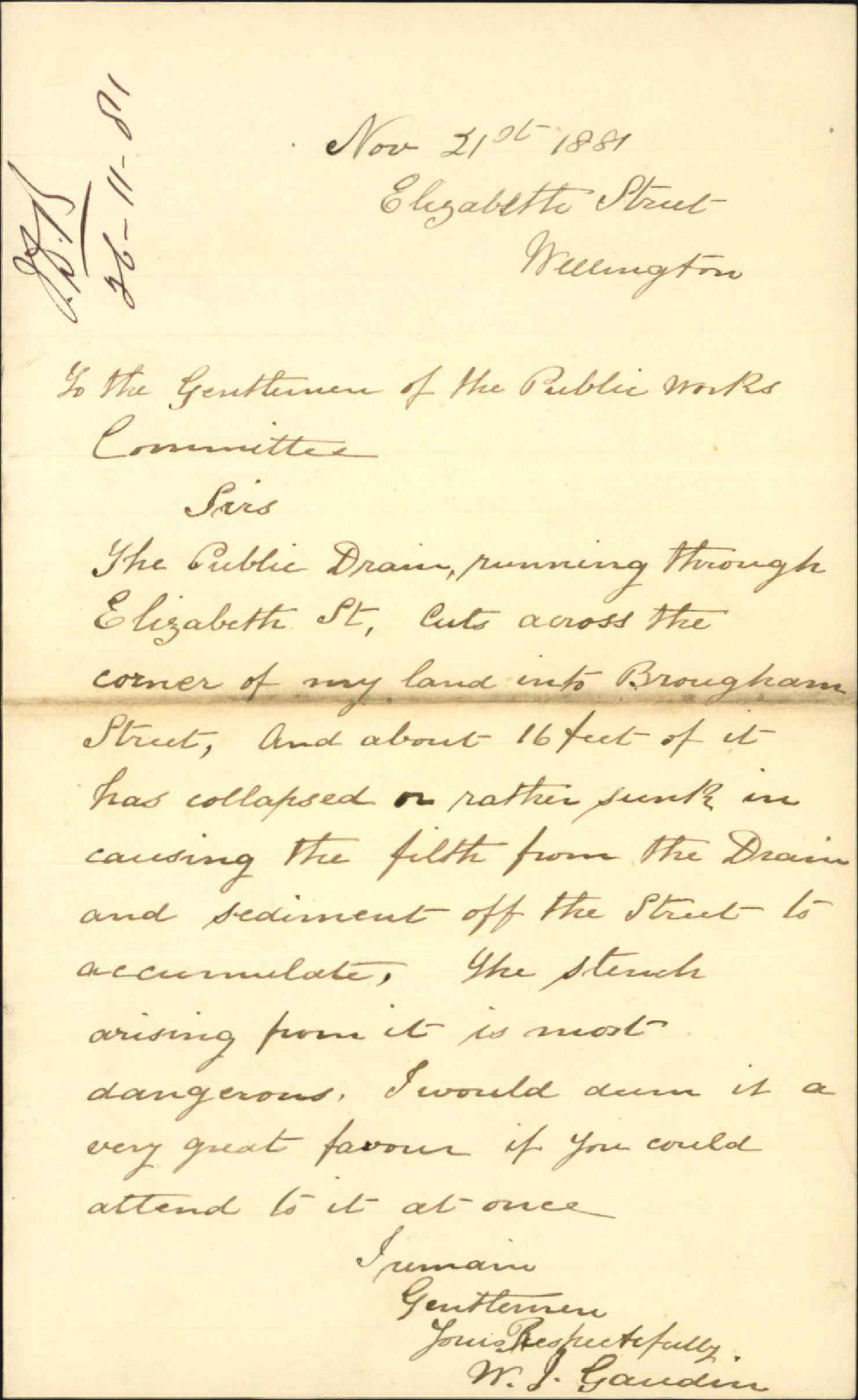 W J Gaudin, application regarding drain in Elizabeth street